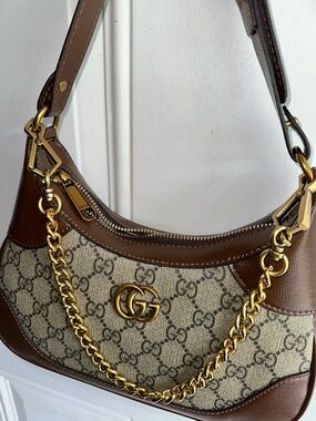 Gucci Brown GG Canvas Shoulder Bag with Gold Hardware